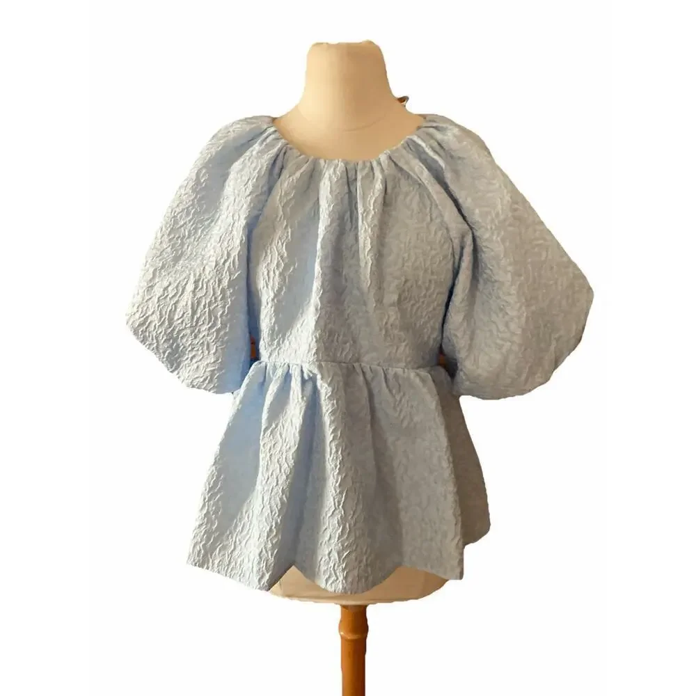 Tuckernuck Hyacinth House Julia Top Sz S Blue Puff Sleeve Jacquard Blouse Preppy